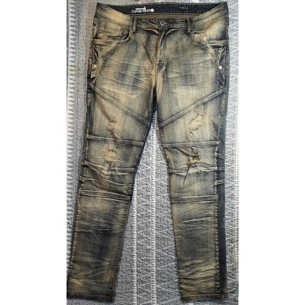 Copper Rivet - Blue Jeans Distressed Pockets Grunge Stretchy Slim Fit Mens 38x32